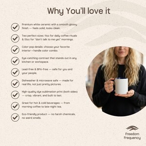 May include: A white ceramic mug with a navy blue interior and handle, held by a person. The mug has a smooth, glossy finish. Text on the image highlights features such as being dishwasher and microwave safe, and high-quality print.