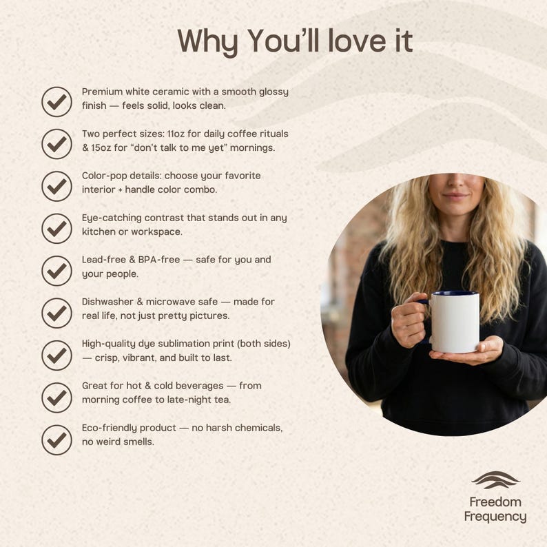 May include: A white ceramic mug with a navy blue interior and handle, held by a person. The mug has a smooth, glossy finish. Text on the image highlights features such as being dishwasher and microwave safe, and high-quality print.