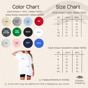 Puede incluir: Una tabla de colores y tallas para camisetas Gildan 5000 y sudaderas Gildan 18000. La carta de colores muestra doce muestras circulares que incluyen arena, gris deportivo, azul claro, rojo, brezo oscuro, verde irland&eacute;s, negro, blanco, ceniza, rosa claro, marino y real. Dos tablas proporcionan medidas de largo y ancho en pulgadas para tallas de la S a la 3XL. Se muestra una camiseta blanca con l&iacute;neas de largo y ancho.