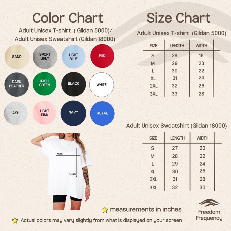 Puede incluir: Una tabla de colores y tallas para camisetas Gildan 5000 y sudaderas Gildan 18000. La carta de colores muestra doce muestras circulares que incluyen arena, gris deportivo, azul claro, rojo, brezo oscuro, verde irland&eacute;s, negro, blanco, ceniza, rosa claro, marino y real. Dos tablas proporcionan medidas de largo y ancho en pulgadas para tallas de la S a la 3XL. Se muestra una camiseta blanca con l&iacute;neas de largo y ancho.