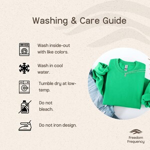 Puede incluir: Una gu&iacute;a de lavado y cuidado para una sudadera verde brillante. El texto incluye instrucciones: lavar del rev&eacute;s con colores similares, lavar con agua fr&iacute;a, secar en secadora a baja temperatura, no usar lej&iacute;a y no planchar sobre el dise&ntilde;o.