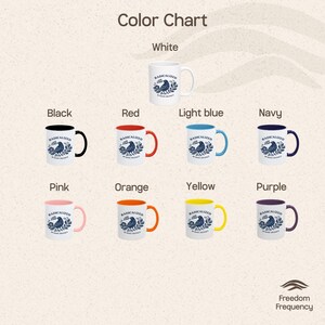 May include: A colour chart showing ceramic mugs with the word "RADICALIZED" and a bird design. The mugs are white, black, red, light blue, navy, pink, orange, yellow, and purple, each with a matching handle and interior.