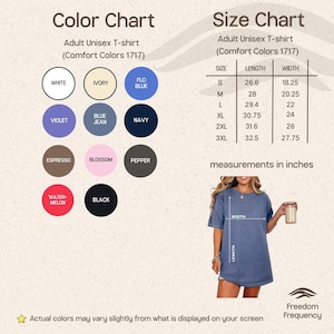 Puede incluir: Una tabla de colores y tallas para camiseta unisex Comfort Colors 1717 con medidas en pulgadas. La tabla muestra once c&iacute;rculos de colores que incluyen blanco, marfil, azul, violeta, azul marino, espresso, flor, pimienta, sand&iacute;a y negro.