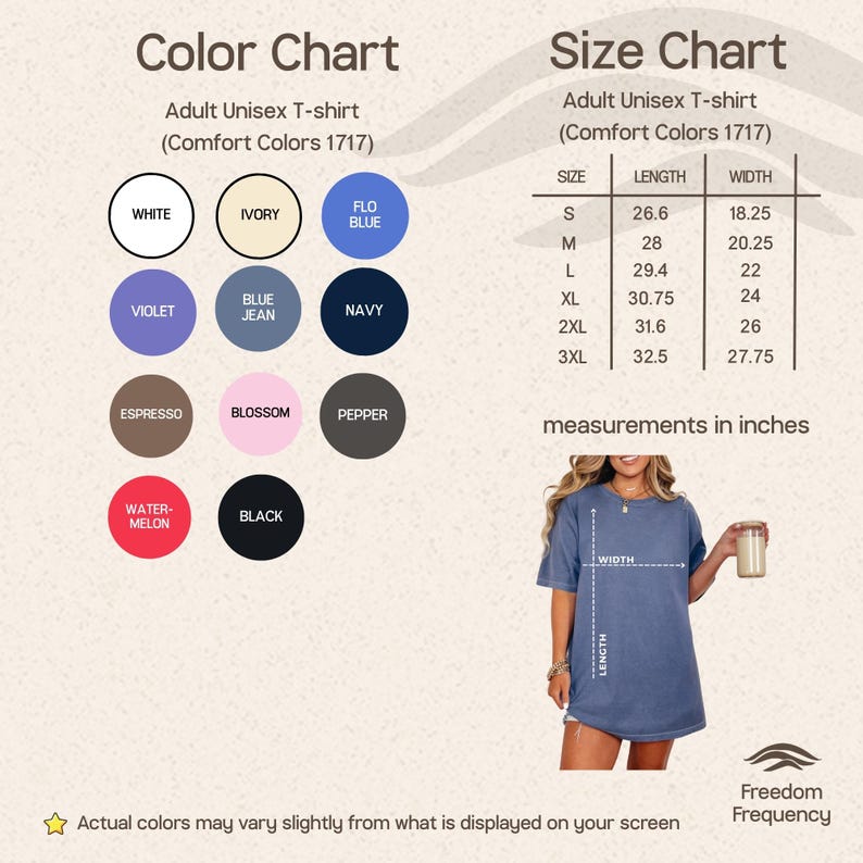 Puede incluir: Una tabla de colores y tallas para camiseta unisex Comfort Colors 1717 con medidas en pulgadas. La tabla muestra once c&iacute;rculos de colores que incluyen blanco, marfil, azul, violeta, azul marino, espresso, flor, pimienta, sand&iacute;a y negro.