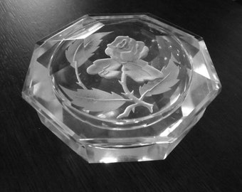 May include: A clear glass octagonal box with a rose etched into the lid.