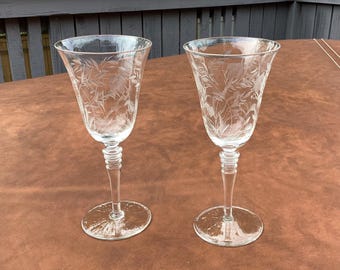Crystal Stemmed Etched Water Goblets Two Vintage Glasses