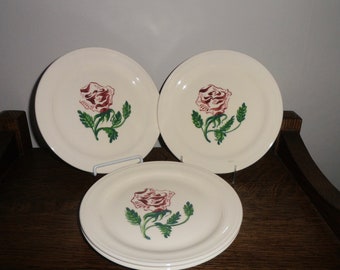 Vernon Kilns 7-1/2 Inch Salad Plates Montecito Shape Red Rose Pattern