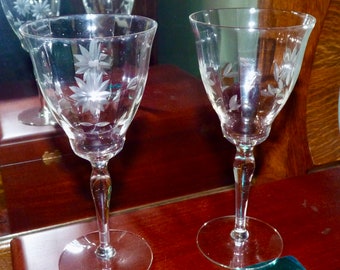 Crystal Stemmed Etched Water Goblets Two Vintage Glasses
