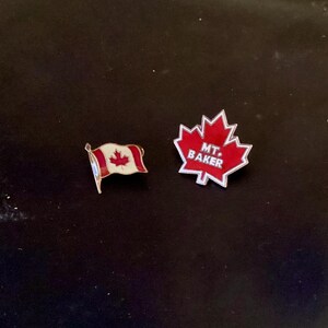 Canada Maple Leaf Two Enamel Jewelry Pins Mount Baker Washington and Canada Flag