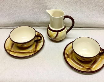 Vernon Kilns Organdie Pitcher, Cups & Saucers, Vintage Plaid Set