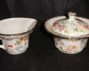Vernon Kilns Sugar Bowl and Cream Pitcher 18k Gold Rim Very Old
