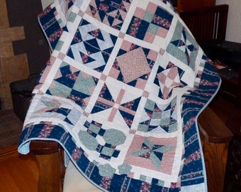 Quilt Hand Quilted Lap or Throw Blue, Pink, White, Teal Flower Print