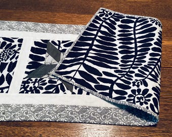 Black and White Table Runner Hand Quilted Pinwheels