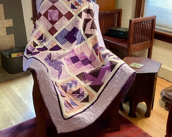 Lap or Throw Quilt Shades of Purple, Blue, Pink Hand Quilted