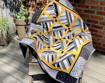 Hand Quilted Black, White, Golden Yellow Lap or Throw Quilt
