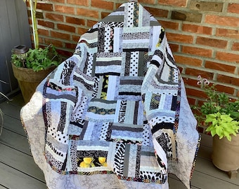 Lap or Throw Black and White Strips Hand Quilted