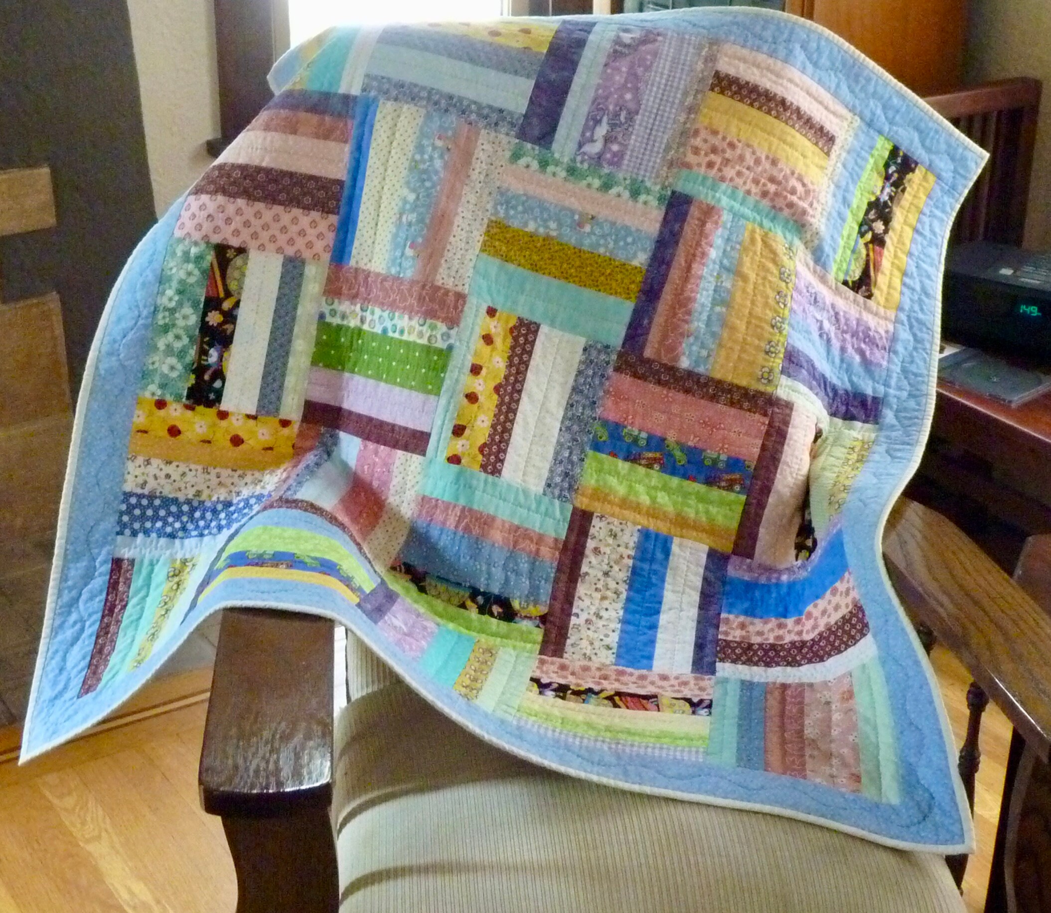 Baby or Lap/Throw Quilt Scrappy Strips Colorful Hand Quilted