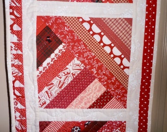 Red and White Table Runner Hand Quilted Strips Paisley Back