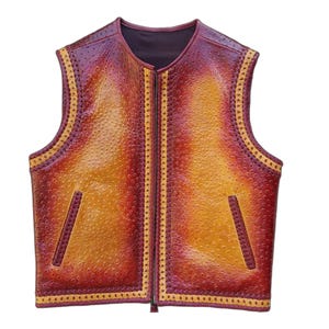 May include: A sleeveless vest featuring a textured, ostrich-like pattern in a gradient of deep red and golden yellow. The garment has a central zipper closure, two vertical slit pockets, and decorative whip-stitched edges in a light tan color.