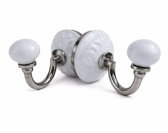 Vintage Style Ceramic Wall Hook - White Coat/Towel Hanger (Set of 2)