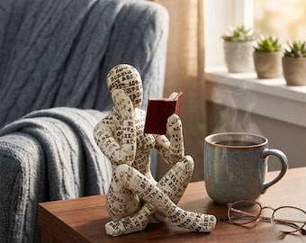 Resin Reading Statue: Abstract Thinker Sculpture, Text Pattern Bookshelf Decor
