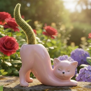 May include: A pink ceramic cat-shaped planter with a cactus growing from its back. The cat is in a stretching pose with its eyes closed. The background features red roses and purple hydrangeas.