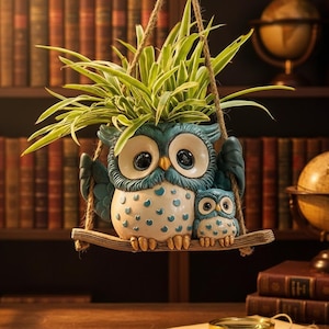 May include: A blue and white owl-shaped planter with a baby owl, suspended by rope. The planter holds green plants. The owl has large eyes and is decorated with blue spots. The planter is made of ceramic or a similar material.