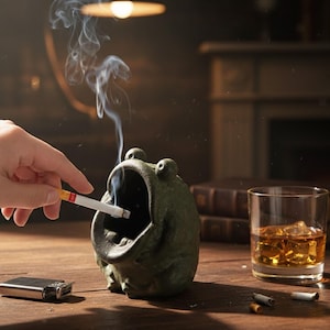 May include: A green frog-shaped ashtray with a cigarette in its mouth, emitting smoke. A silver lighter and a glass of amber liquid with ice cubes are on a wooden surface. The scene is dimly lit.
