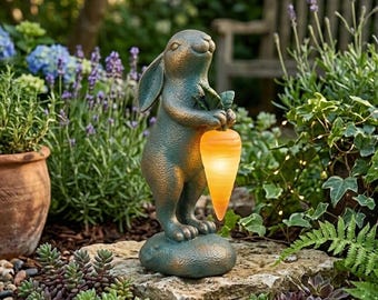 Bunny Garden Statue With Lantern, Outdoor Resin Bunny Light Decor, Yard Ornament Patio Lawn Night Light, Cute Yard & Pathway Decor