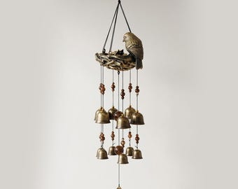 Bird Nest Wind Chimes with 12 Bells – Bronze Outdoor Wind Chime, Garden Hanging Decor, Mother’s Love Gift, Patio Yard Ornament