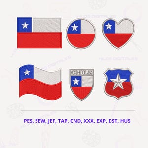 May include: Six embroidered designs of the Chilean flag in various shapes including rectangle, circle, heart, wavy rectangle, shield with the text CHILE, and a crest with a large star. The text PES, SEW, JEF, TAP, CND, XXX, EXP, DST, HUS is below.