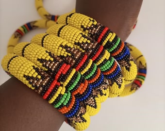 Yellow Beaded African Zulu Bracelet, Handmade Unisex Jewelry, Colorful Tribal Bangles, Christmas Gift