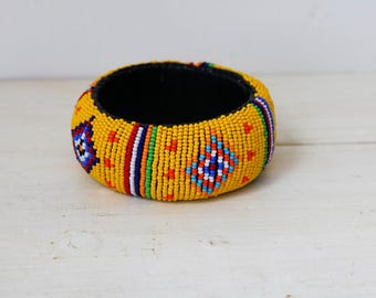 Yellow African Zulu Beaded Bracelet, Handmade Tribal Jewelry, Maasai Unisex Ethnic Cuff