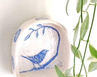 Blue Bird Ceramic Altar, Blue and White Ceramic Shrine, Carving Ceramic Art, Wall Hanging Altar, Hand Carved
