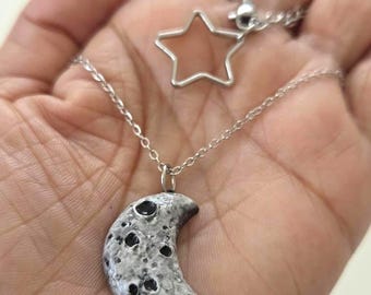 Ceramic Crescent Moon with Stainless Steel Chain, Moon Pendant