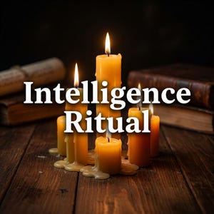 May include: A cluster of lit yellow candles with melting wax on a wooden surface. The text "Intelligence Ritual" is displayed in white, with books and a scroll in the background. The scene has a warm, inviting glow.