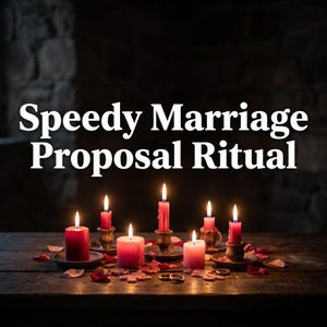 May include: A dark, moody image featuring lit red candles in ornate holders, scattered rose petals, and wedding rings on a wooden surface. The text "Speedy Marriage Proposal Ritual" is displayed in white.