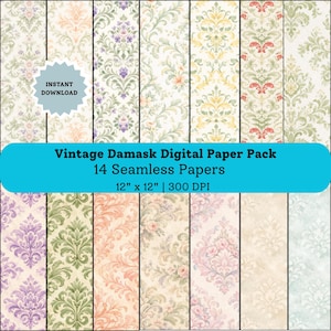 Vintage Damask Digital Paper Pack, 14 Seamless Damask Patterns, 12x12 Printable Scrapbook Paper, Junk Journal Backgrounds, Instant Download