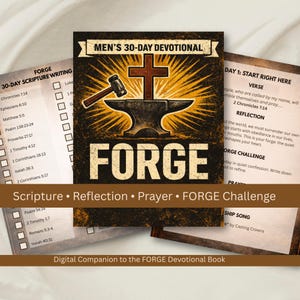 May include: A devotional book with the title "MEN'S 30-DAY DEVOTIONAL" featuring a cross, hammer, and anvil graphic. The word "FORGE" is prominently displayed. Includes sections for scripture writing, reflection, prayer, and a challenge.