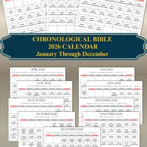 May include: A 2026 chronological Bible calendar, available as a digital download. The calendar includes months from January to December, with each month displayed on a separate page. The calendar is available in 8.5x11 and A4 sizes.