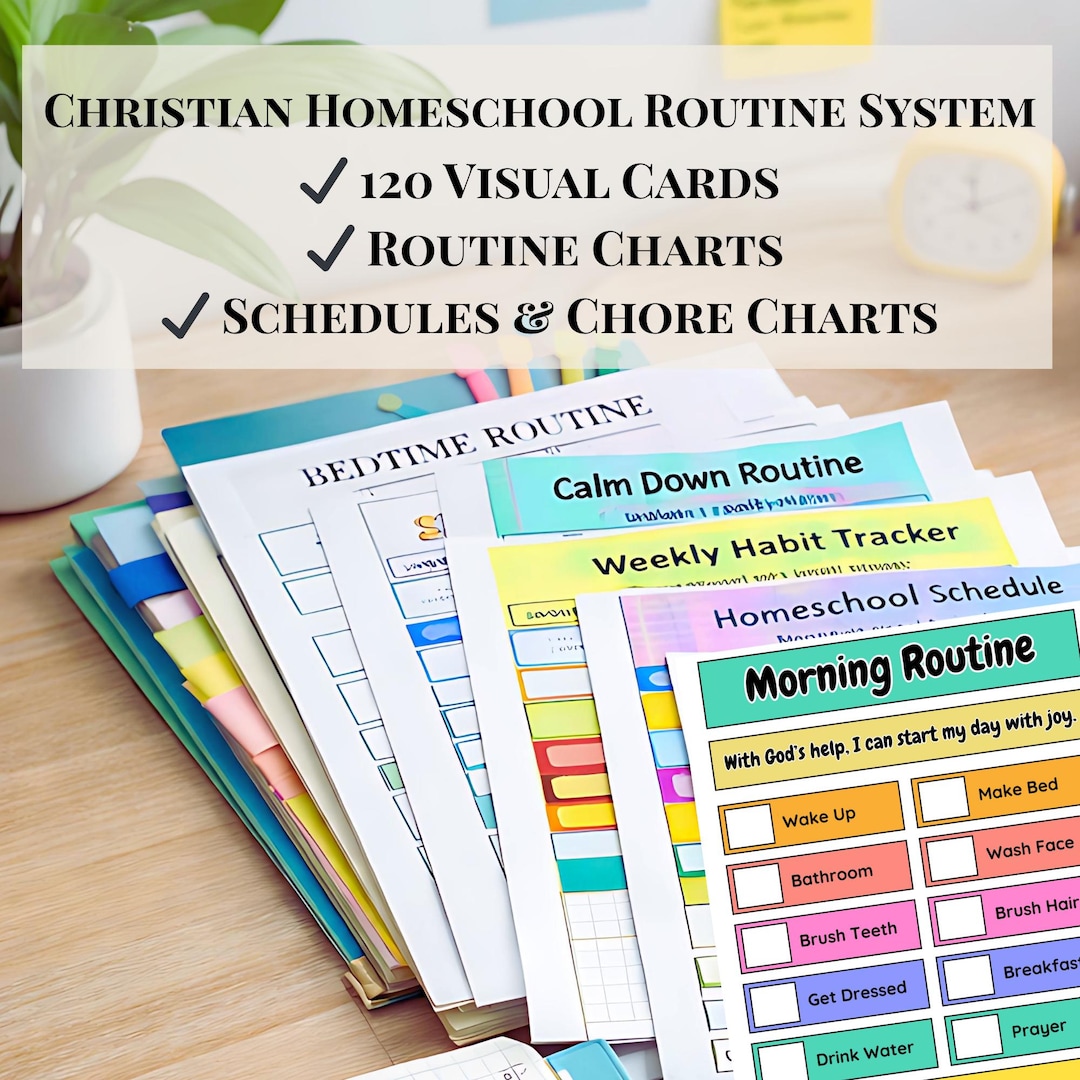 Christian Homeschool Visual Schedule Bundle, 120 Routine Cards, Chore