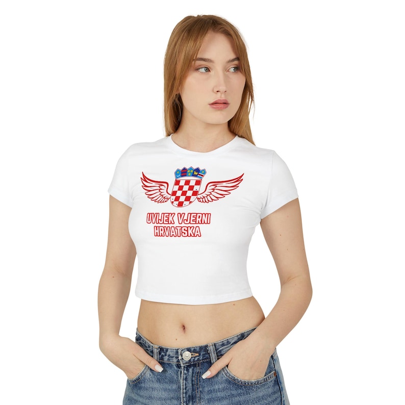 Uvijek Vjerni Hrvatska Crop Top, Croatia Graphic Baby Tee, Organic Cotton Croatian Pride Shirt, Soccer Fan Gift image 1