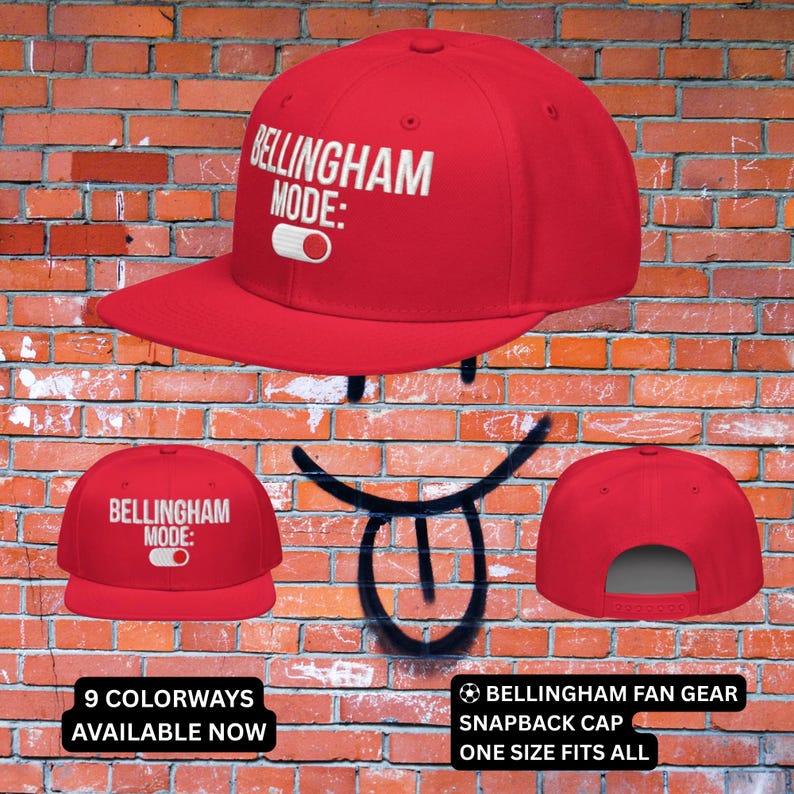 May include: A red snapback cap with the text "BELLINGHAM MODE:" in white. The image shows the cap from multiple angles, including the front, side, and back. The text "9 COLORWAYS AVAILABLE NOW" is also visible.