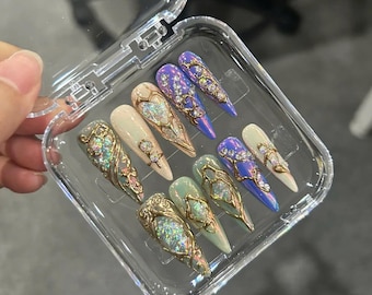Luxury Opal Press On Nails, Gold Chrome 3D Nail Art, Stiletto Handmade Fake Nails