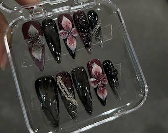 Gothic Floral Press On Nails, Black Burgundy Stiletto Nails 3D Flowers, Dark Romantic Handmade