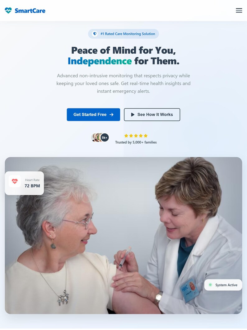 Modello di landing page HTML CSS JS reattivo per la demo di SmartCare Elderly Care Health Tech immagine 2