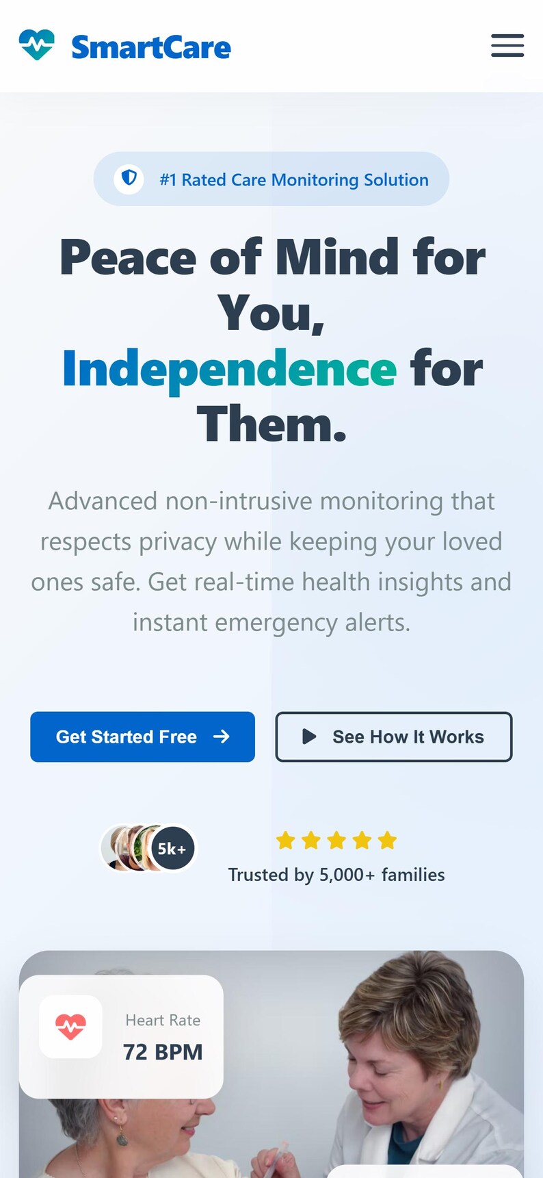 Modello di landing page HTML CSS JS reattivo per la demo di SmartCare Elderly Care Health Tech immagine 3