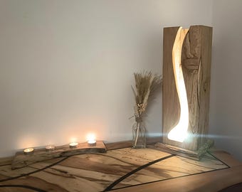 Handcrafted solid wood lamp - Spalted beech from Provence - Unique decorative piece