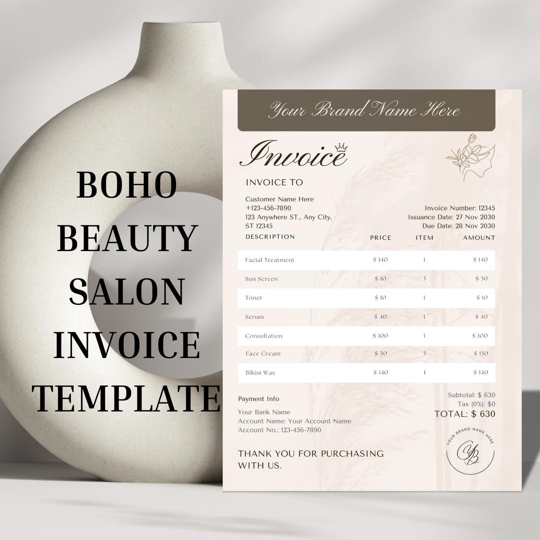 Boho Beauty Salon Invoice Template – Minimalist Service Order Form ...
