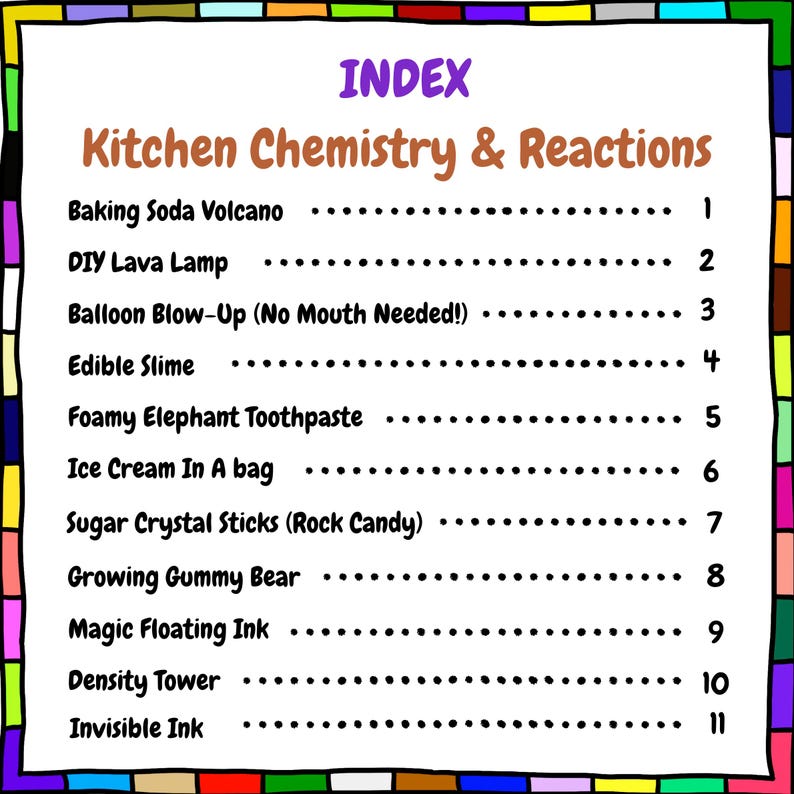 May include: A colorful index titled "Kitchen Chemistry & Reactions" lists various science experiments, including "Baking Soda Volcano" and "Edible Slime." The text is in a playful font, with a multi-colored border.